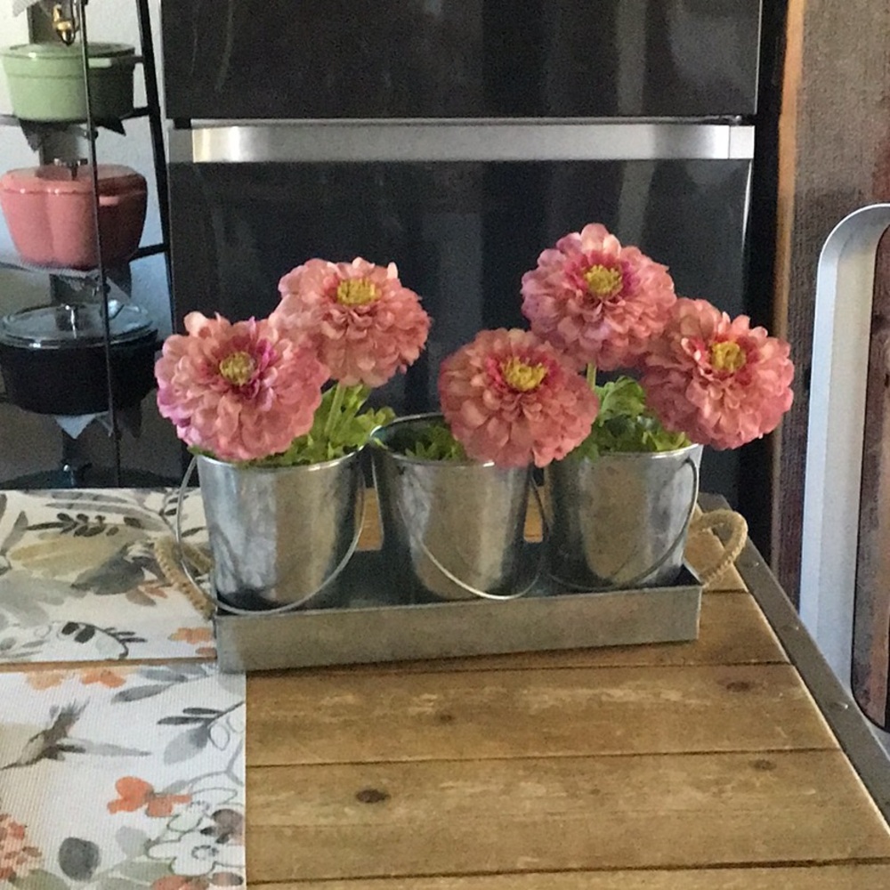 Flowers in metal buckets in tray